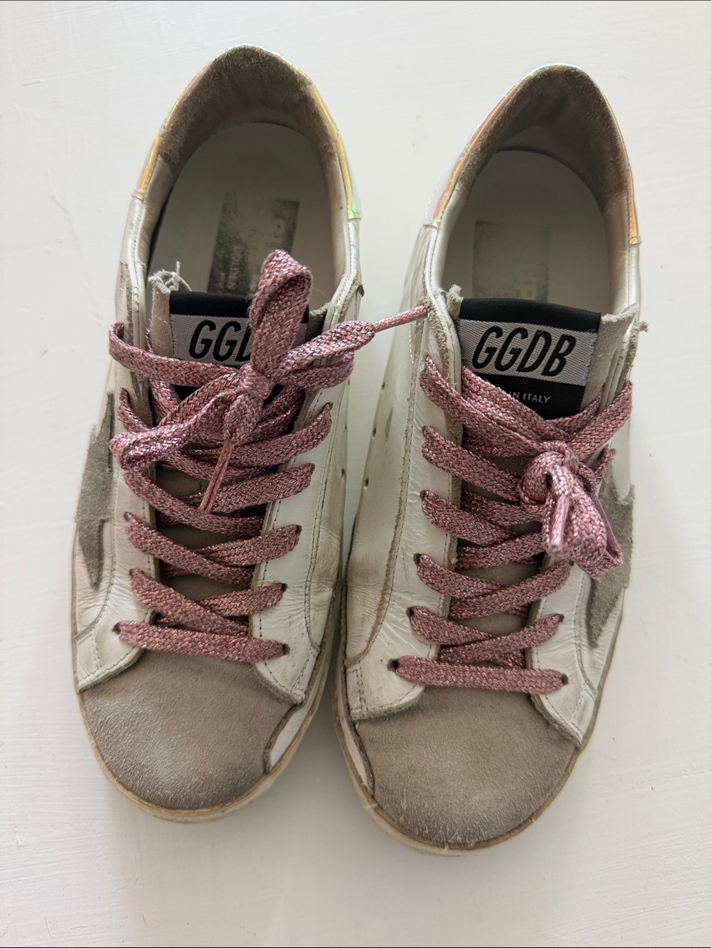 Golden Goose White and Pink Glitter Lace Low-Top Sneakers